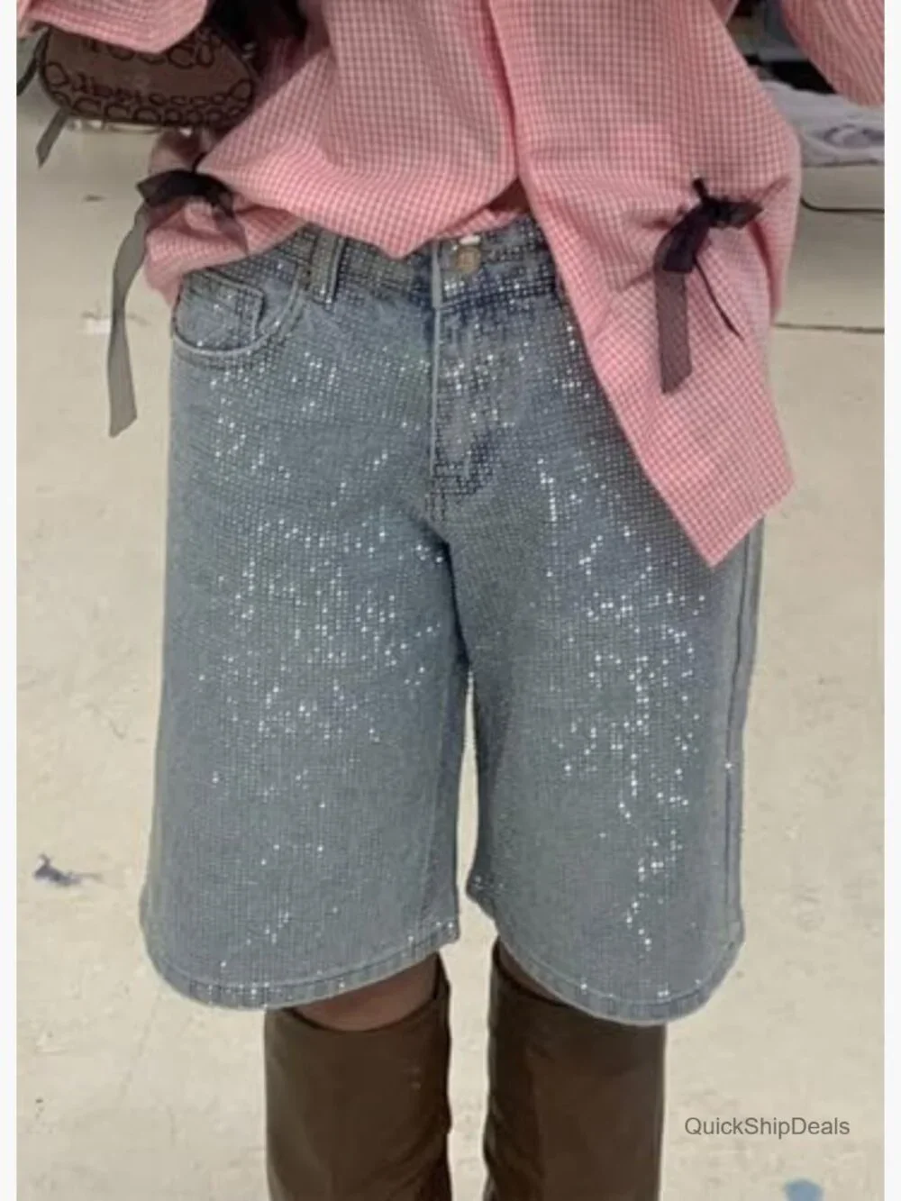 High Waisted Rhinestone Straight Leg Jean Shorts Baggy Denim Jorts